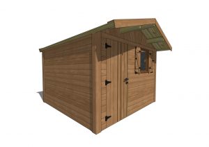 Abri de jardin en bois, porte double, fenêtre avec volets.