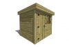 Abri de jardin en bois à toit plat, porte et fenêtre.