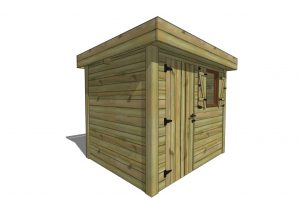 Abri de jardin en bois à toit plat, porte et fenêtre.