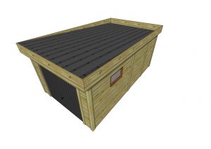 Abri de jardin en bois moderne avec toit plat et porte.