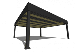 Pergola moderne grise avec lames bois, perspective basse.