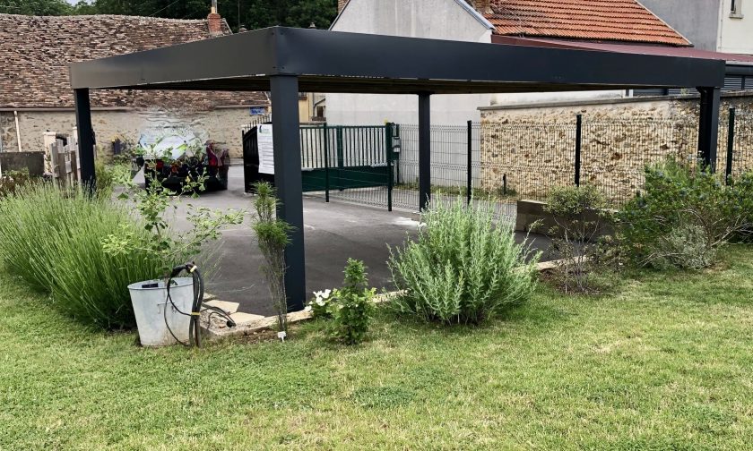carport |Pin Sylvestre autoclave| 6x6m | Poteaux Alu 15x15cm | Bandeaux : Acier ral 7016