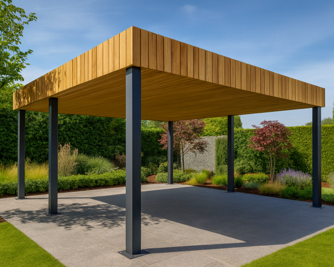 carport| 6x6m | Poteaux bois capoté alu 12x12cm | Bandeaux : Ayous vertical section aléatoir