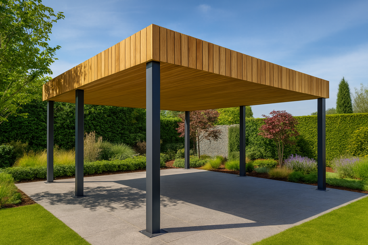 carport| 6x6m | Poteaux bois capoté alu 12x12cm | Bandeaux : Ayous vertical section aléatoir