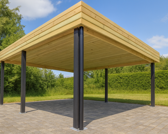 carport |Pin Sylvestre autoclave| 6x6m | Poteaux bois capoté alu 12x12cm | Bandeaux : Clin 28mm