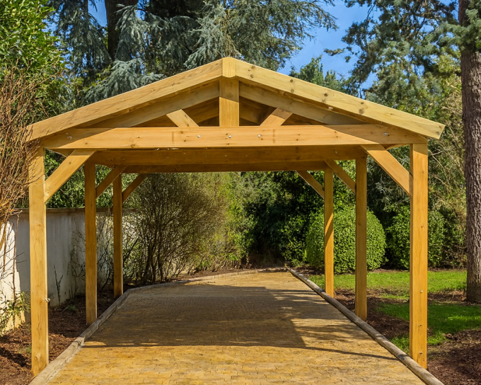 carport |Pin Sylvestre autoclave| 6x6m | Poteaux bois 12x12cm | Bandeaux : Clin 28mm