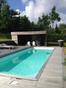 Piscine moderne avec terrasse en bois et pool house.