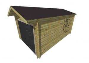 Abri de jardin en bois avec porte de garage et fenêtre.