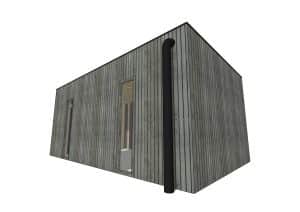 Modèle 3D bâtiment moderne, bardage bois gris, fenêtre verticale.