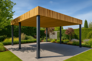 Pergola moderne en bois et métal dans un jardin paysager.