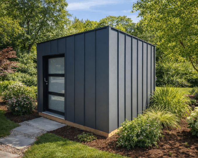 Abri de jardin moderne gris foncé dans un jardin luxuriant.