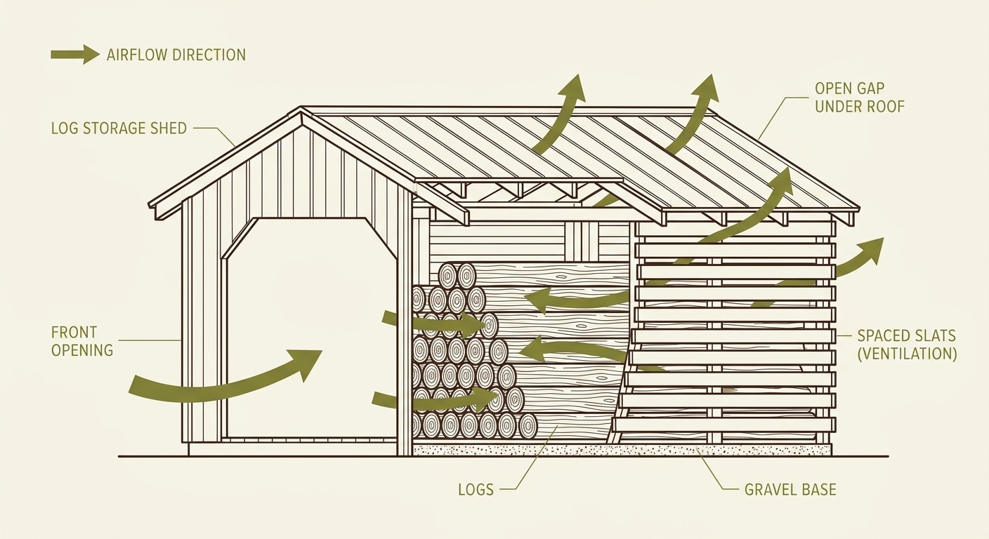 Schéma de ventilation d'un abri bûches pour un séchage optimal