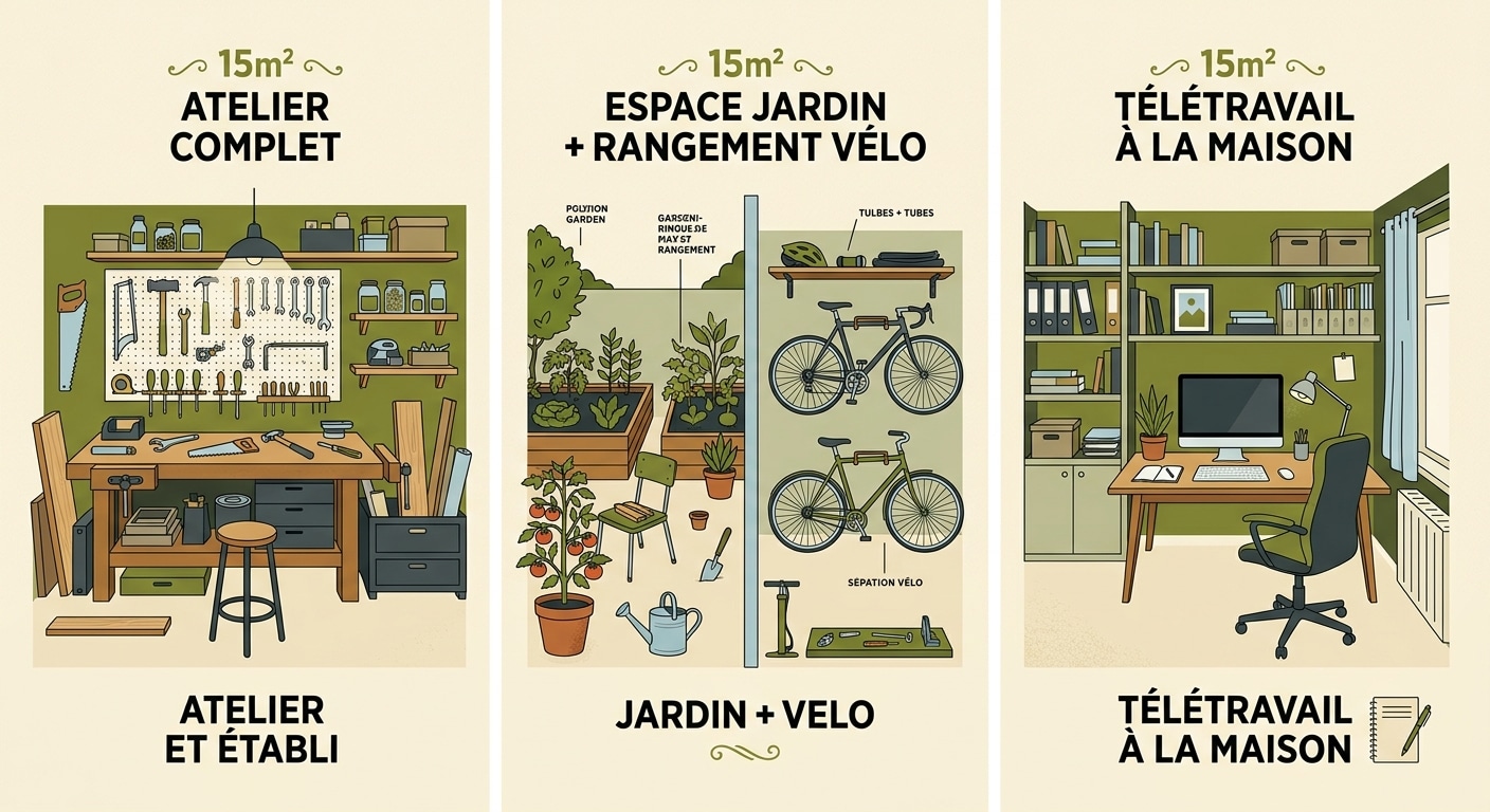 Trois usages d'un 15 m² : atelier, stockage, bureau