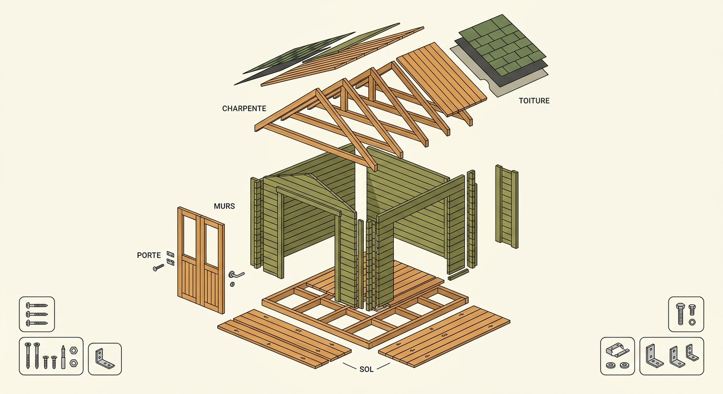 Vue éclatée d'un kit abri 2×2m : madriers, charpente, toiture, porte