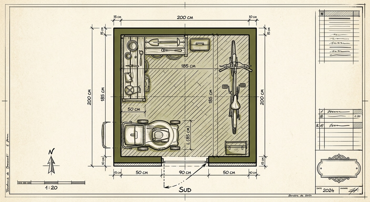 Plan intérieur d'un abri 2×2m optimisé pour tondeuse, vélo, outils