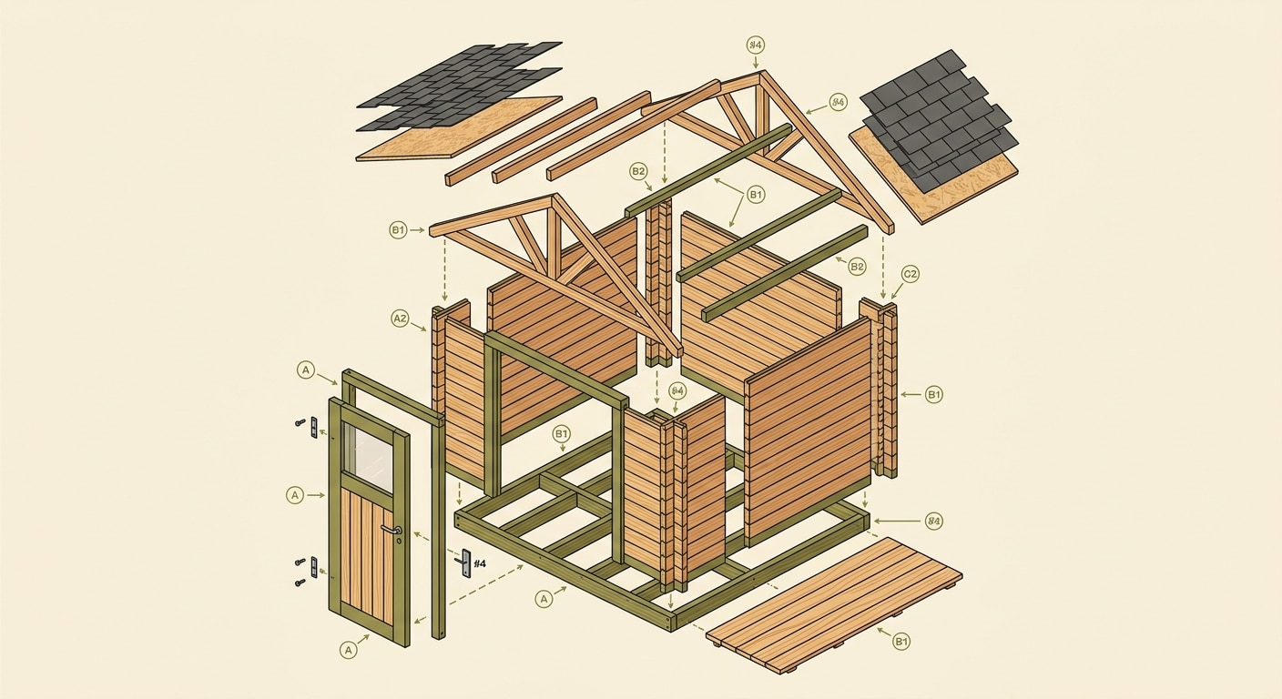 Vue éclatée d'un kit abri 4 m² Cerisier