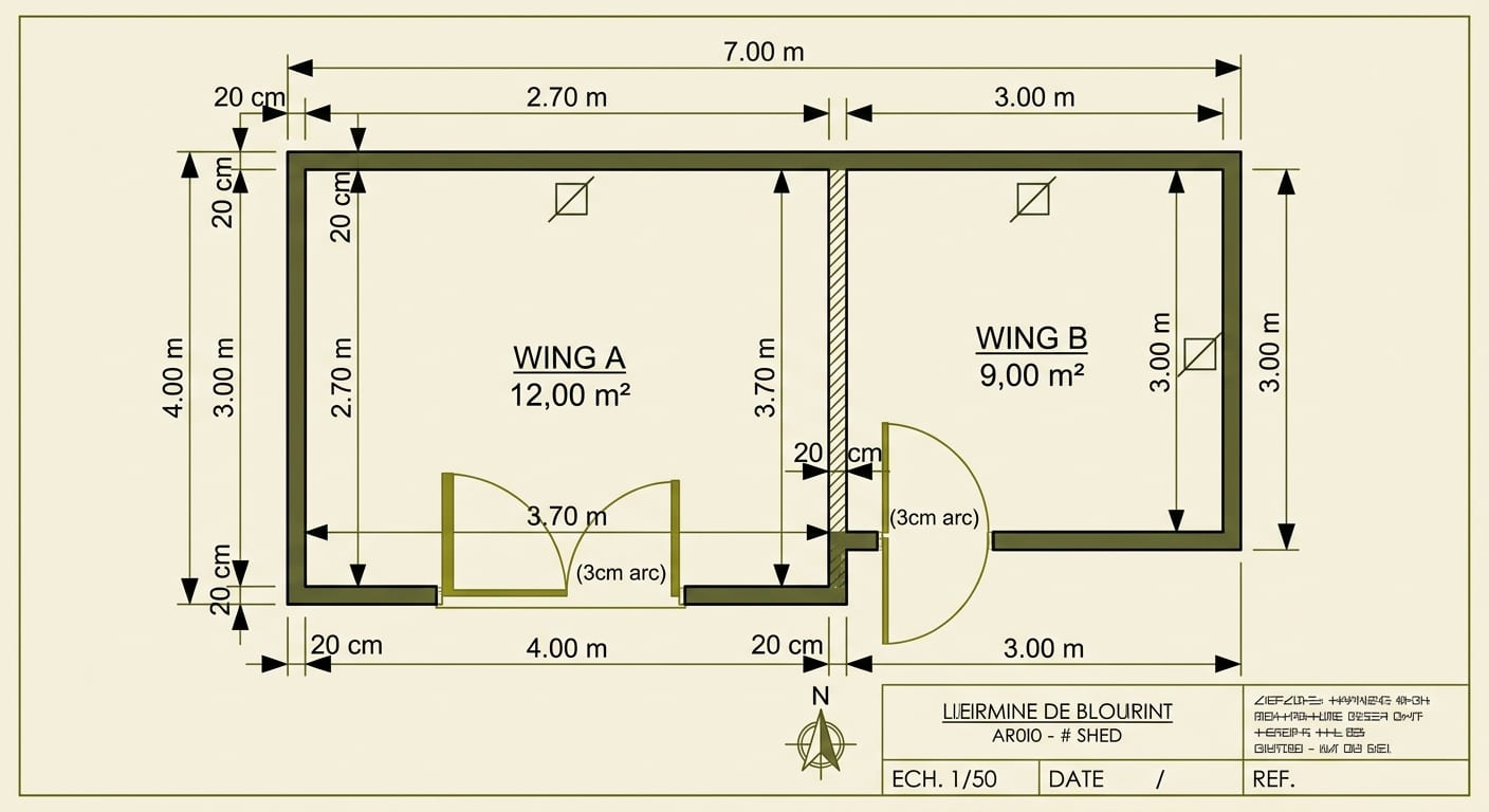 Plan d'un abri en L à deux ailes
