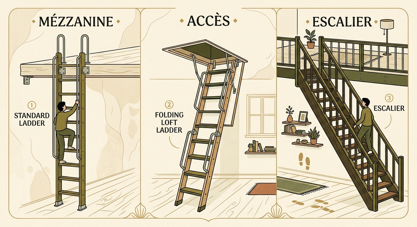 Trois systèmes d'accès à la mezzanine