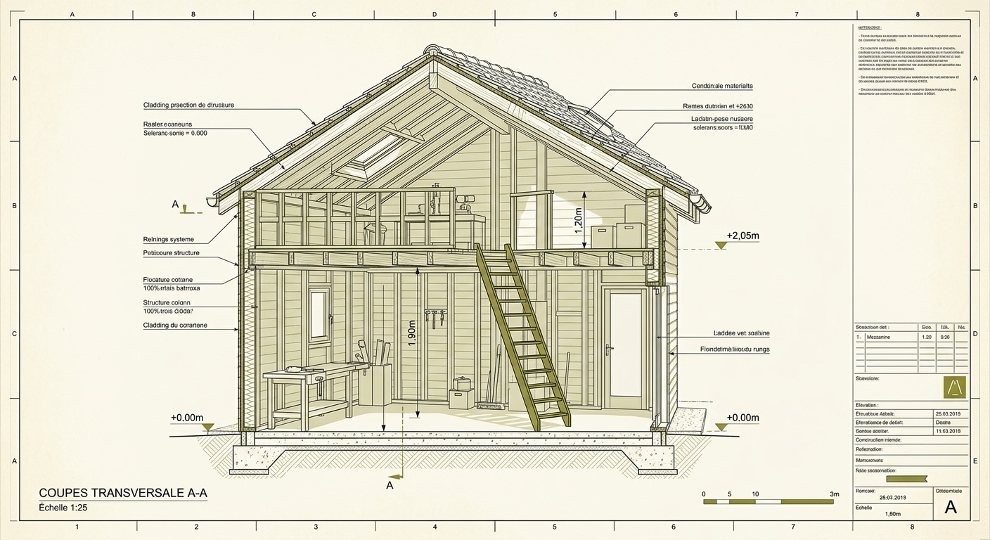 Coupe d'un abri avec mezzanine intégrée