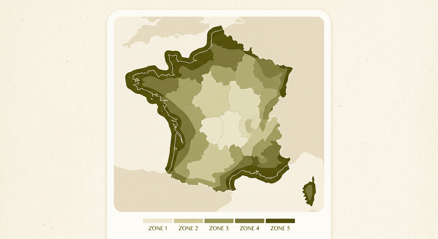 Les cinq zones de vent Eurocode 1 en France