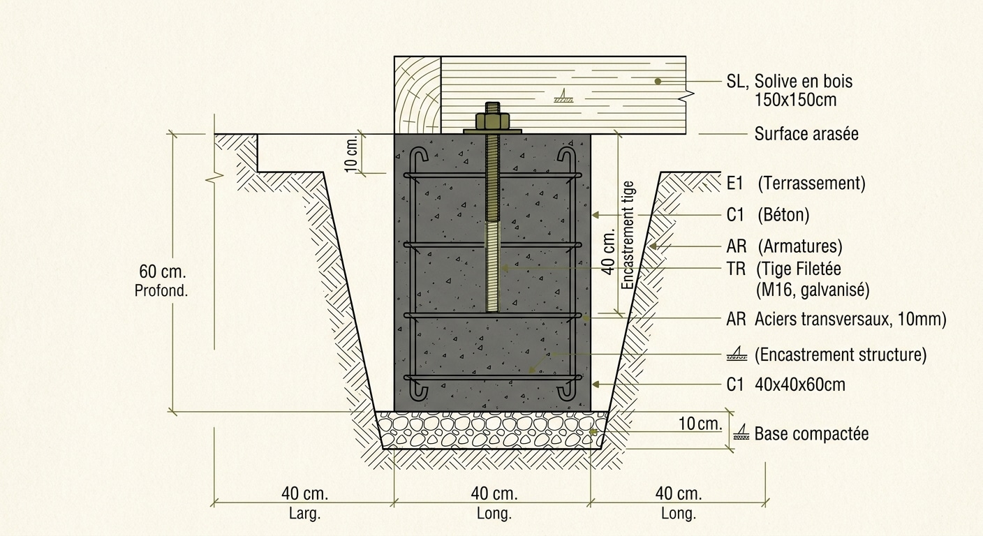 Détail technique d'un plot béton avec tige filetée