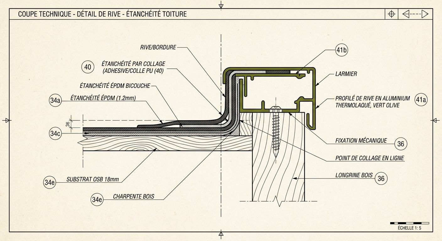 Détail d'étanchéité EPDM sur toiture plate