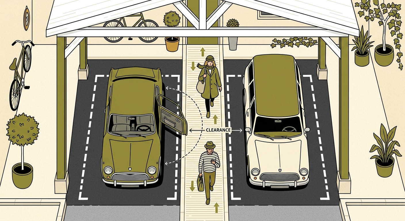 Espaces de circulation entre deux voitures sous carport