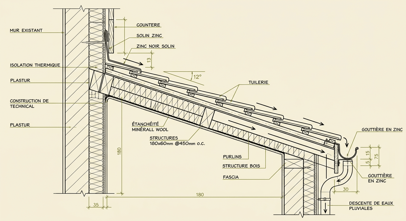 Détail d'étanchéité solin zinc carport adossé