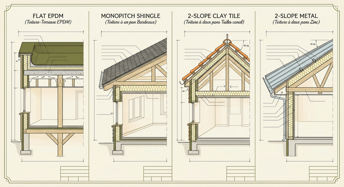 Quatre types de toiture pour carport bois