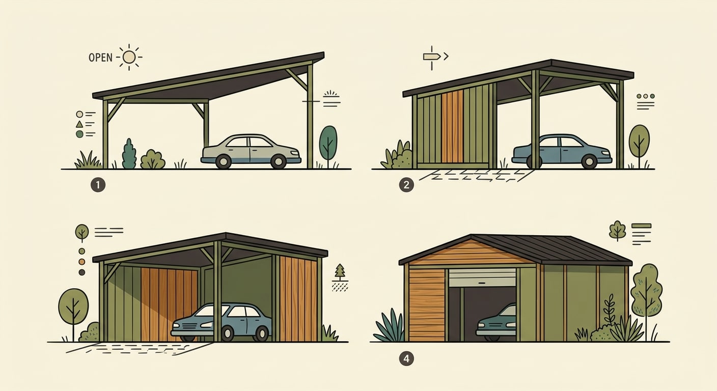 Quatre niveaux de fermeture d'un carport