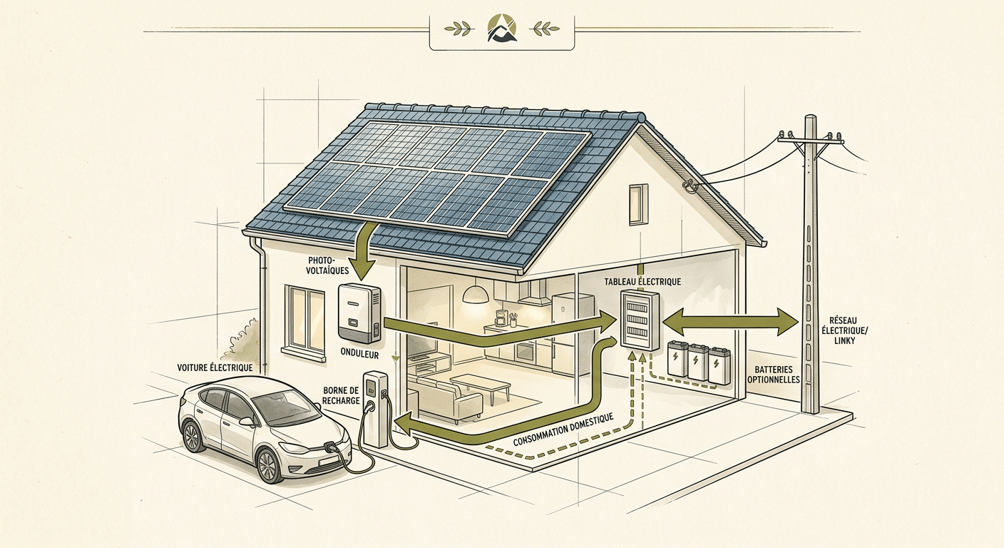 Schéma circuit énergétique d'un carport solaire