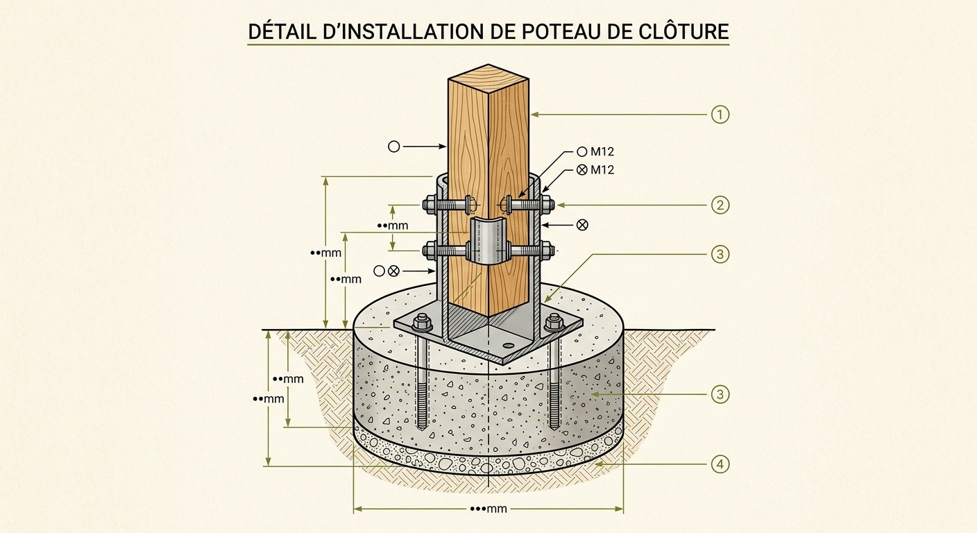 Détail technique de scellement d'un poteau de clôture