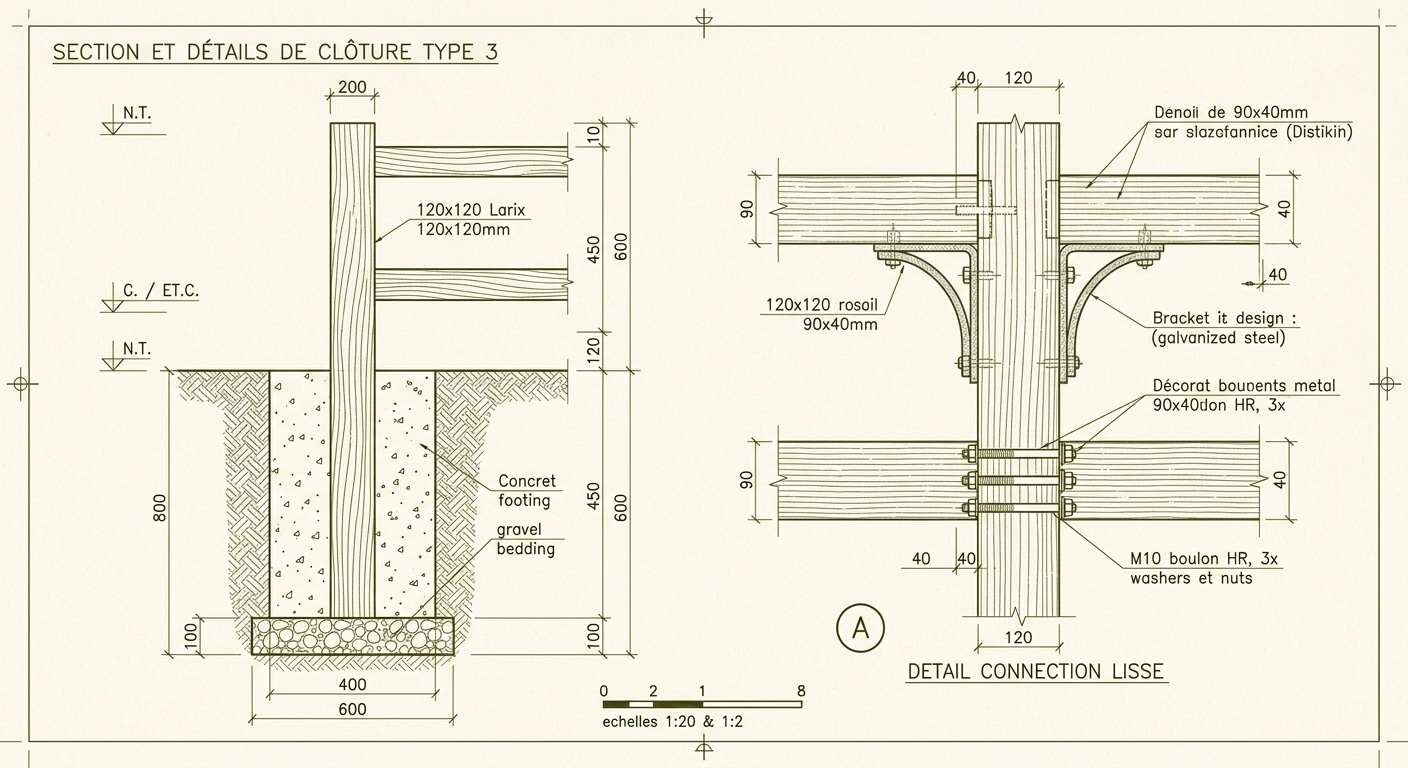 Détail technique d'ancrage des poteaux de clôture