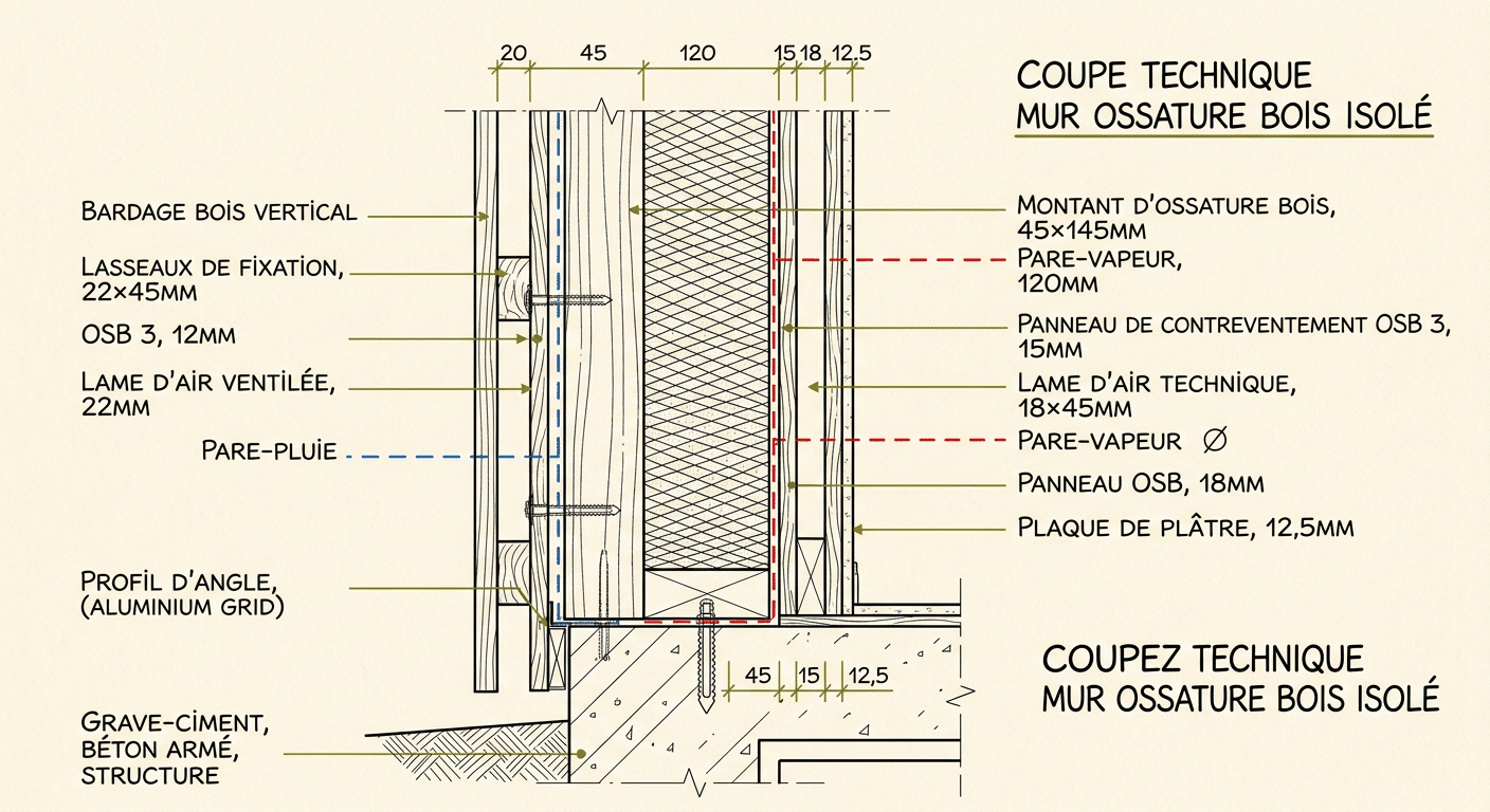 Coupe technique mur isolé ossature bois pour partie atelier chauffée