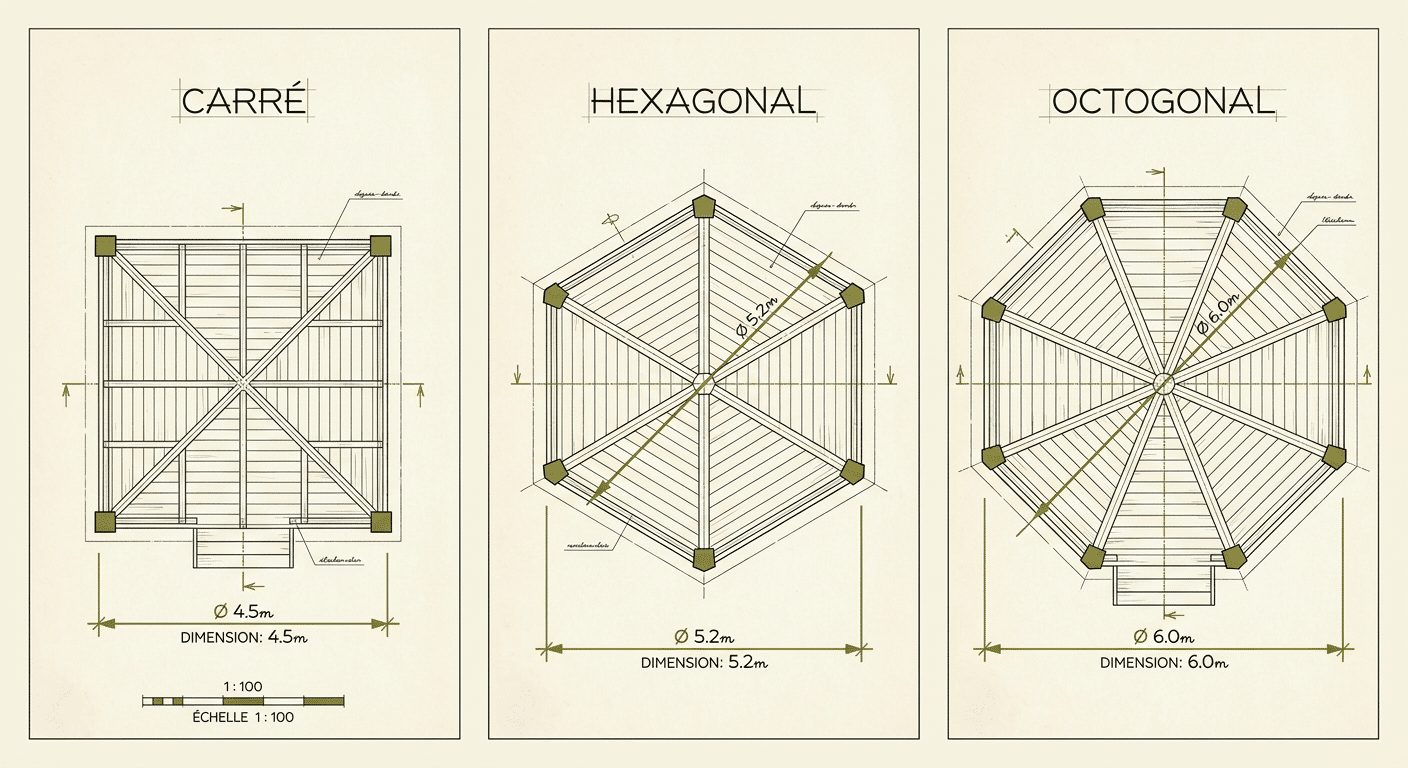 Trois formes principales de kiosque : carré, hexagonal, octogonal