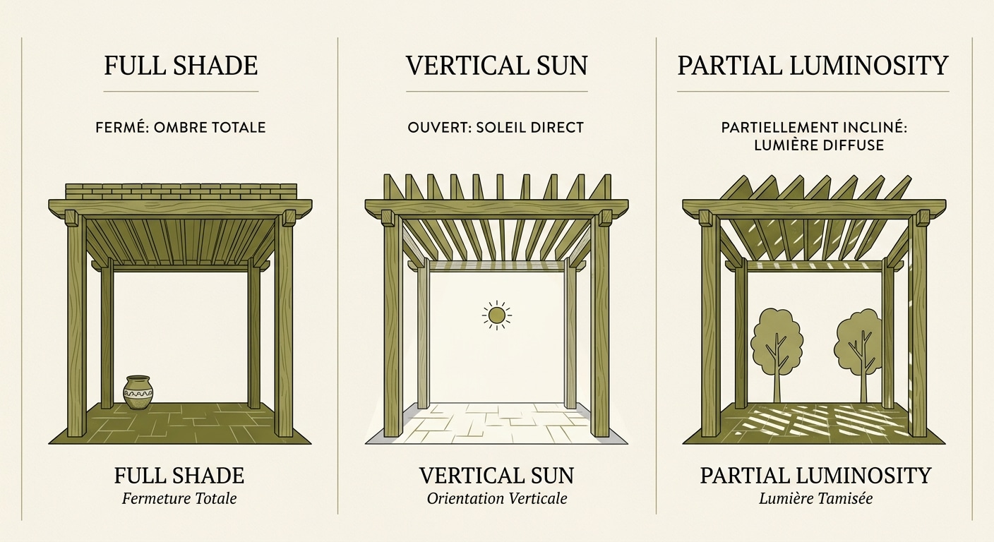 Trois positions de lames orientables d'une pergola bioclimatique