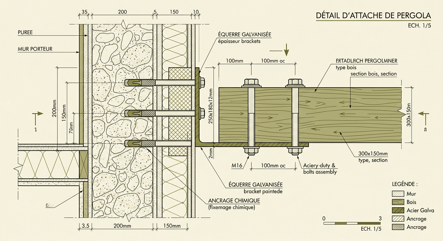Détail de fixation de la pergola adossée au mur