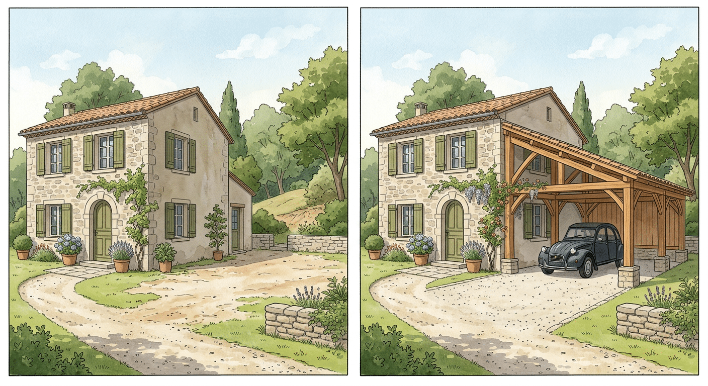 Avant / après d'un carport bois intégré à la maison