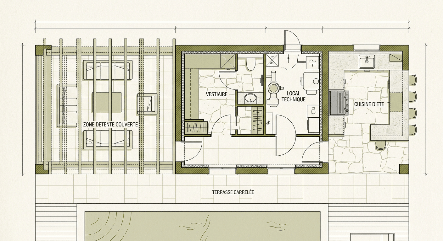 Plan d'aménagement d'un pool-house avec zones distinctes