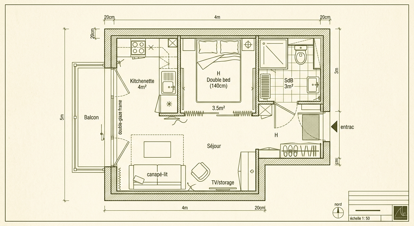 Plan type d'un studio de jardin 20 m² habitable