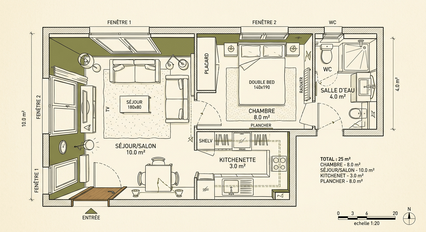 Plan type d'un studio 25 m² avec chambre séparée