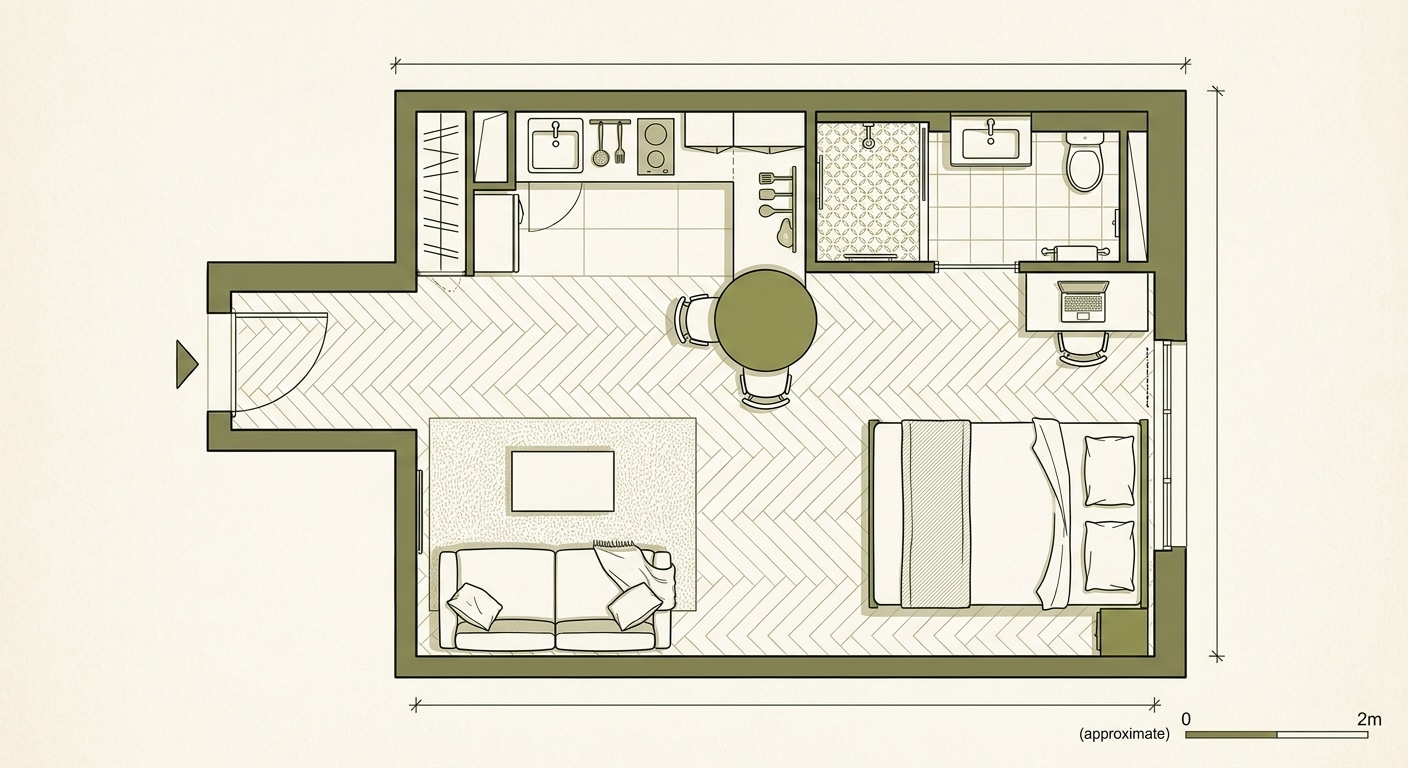 Plan d'aménagement type d'un studio habitable 18 m²