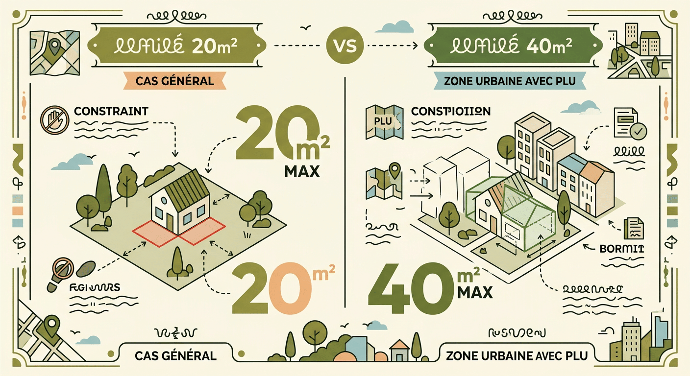 Limite 20 m² ou 40 m² selon zonage du PLU