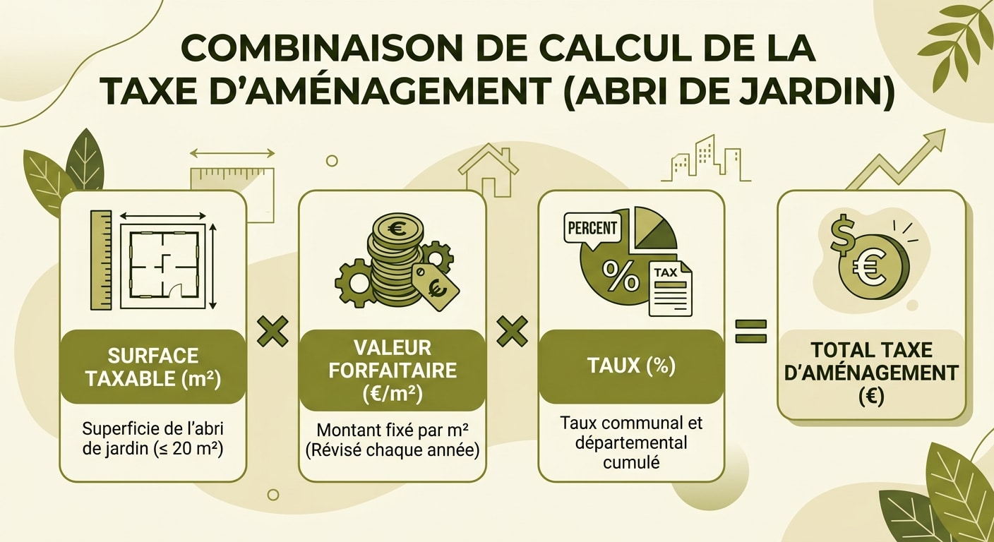 Schéma du calcul de la taxe d'aménagement : surface × valeur × taux