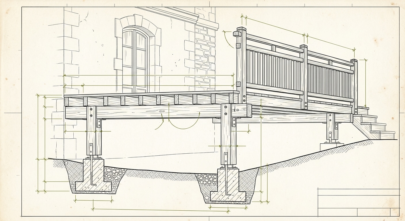 Coupe structurelle d'une terrasse bois surélevée