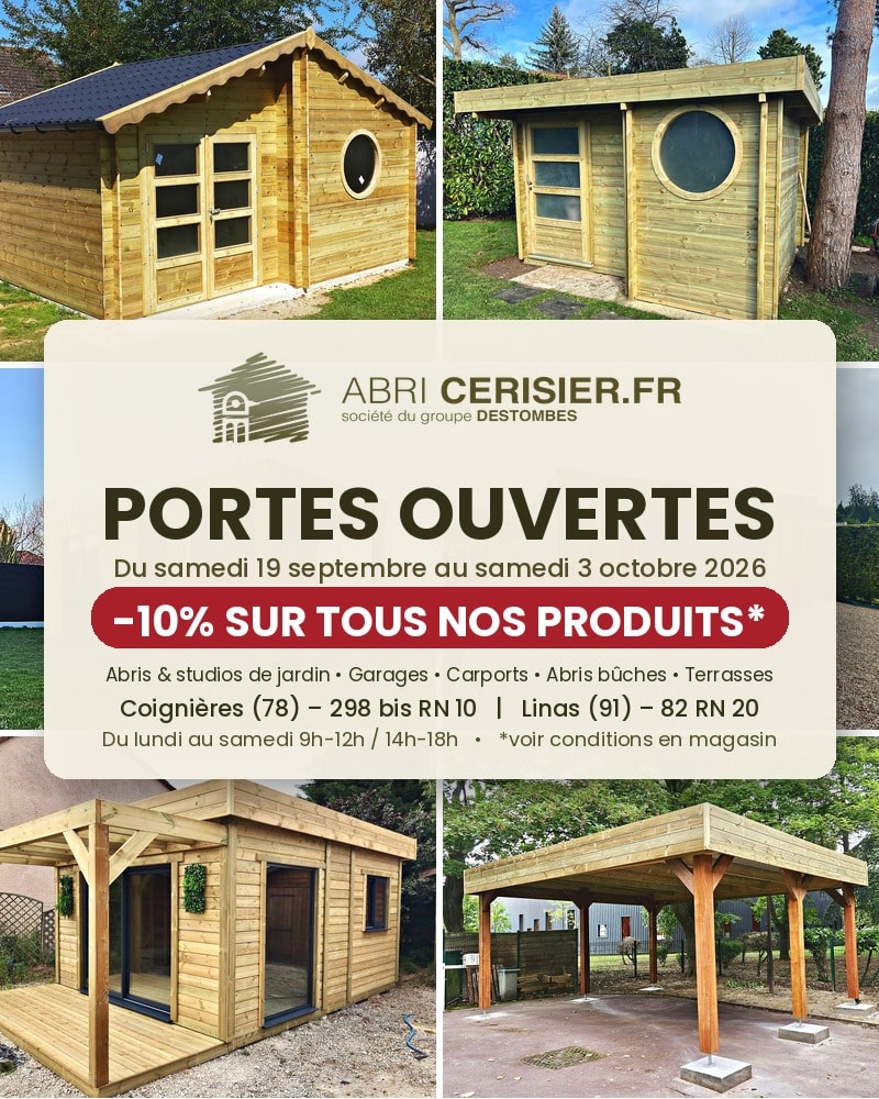 Publicité Abri Cerisier : abris jardin, carports, portes ouvertes.